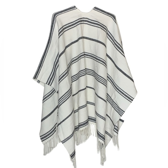 J. Crew Striped Fringe Cream Wool Blend Blanket Poncho - Picture 2 of 3